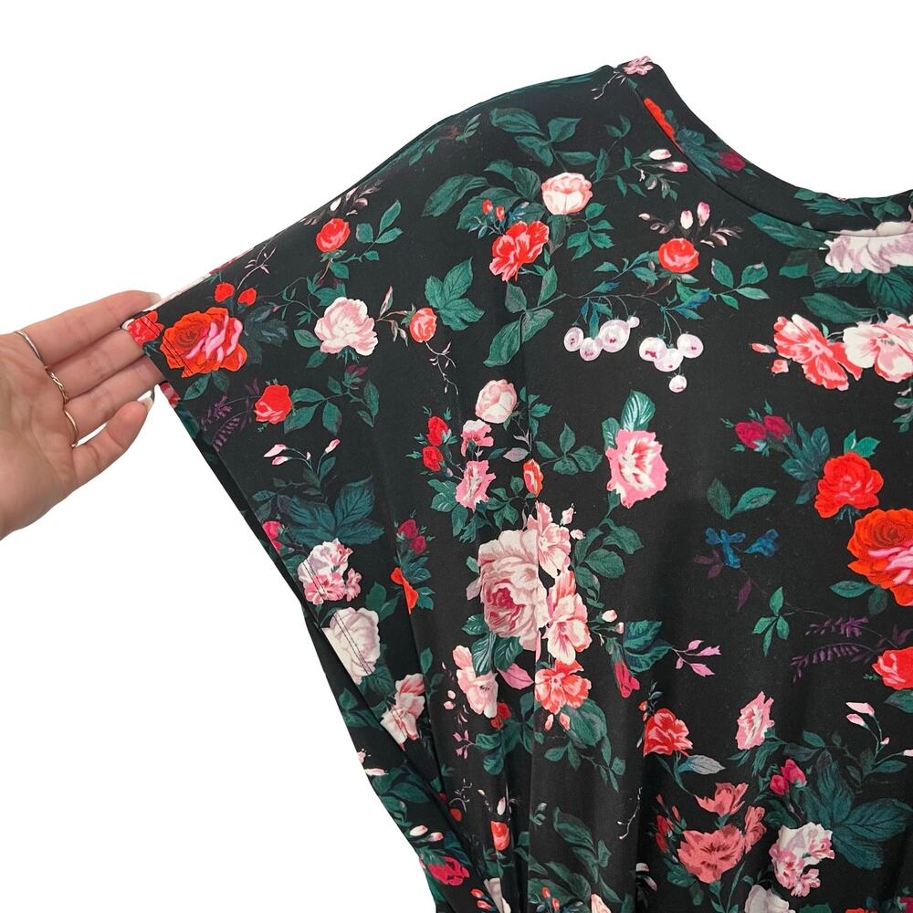 Paco Rabanne Black Pink Floral Cap Sleeve Belt Faux Wrap Midi Dress 44 / 12 NEW - Picture 11 of 14
